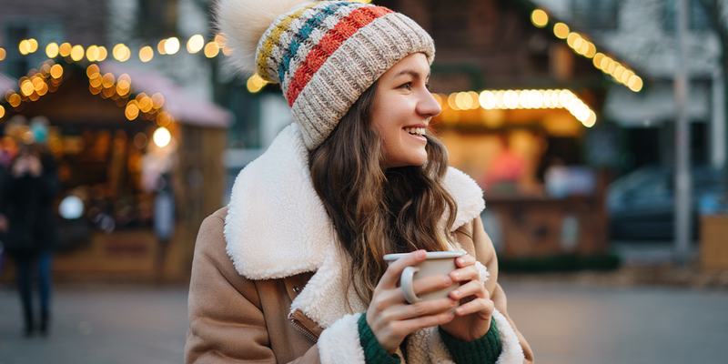 Kvinne i en lodden kåpe og lue som holder en kopp på et julemarked, med festlige lys og hytter i bakgrunnen, som illustrerer fotoknudsen sin guide til de beste julemarkedene i Europa.