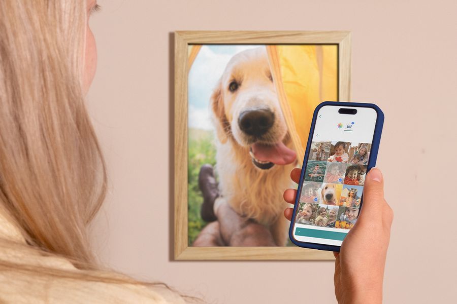 En kvinne ser gjennom kamerarullen på mobilen sin, med et innrammet bilde av en labrador på veggen bak henne, som inspirasjon til å organisere digitale bilder og finne minner som er verdt å printe.