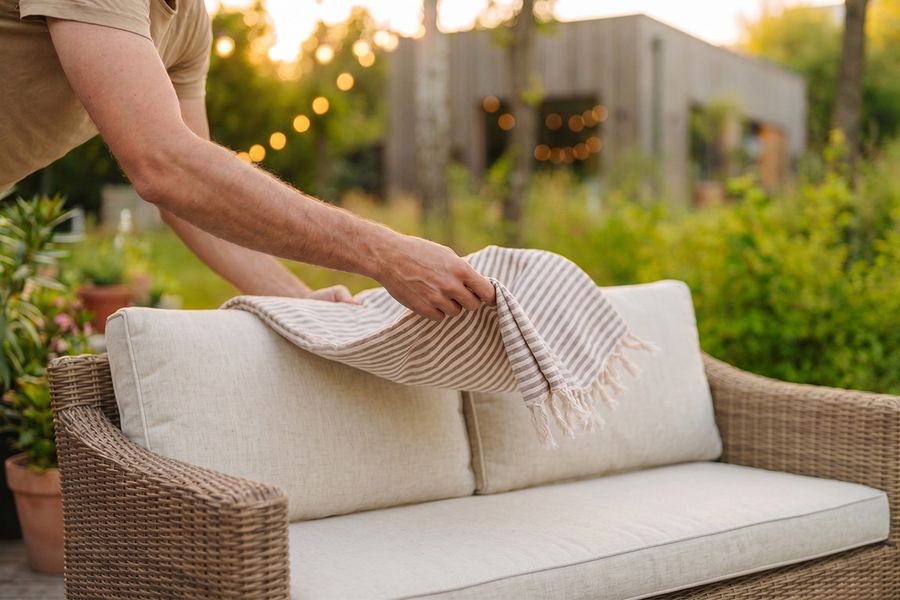 Noen legger et lett pledd over en utendørs sofa i hagen, som inspirasjon til sommerlig utepynt og en avslappet loungefølelse utendørs.