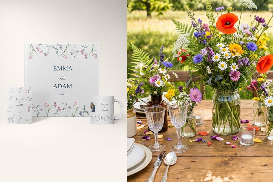 De soft botanical-bryllupsdesignene fra fotoknudsen vises ved siden av et blomsterdekket bryllupsbord, og fremhever delikate markblomster, myke farger og bryllupstrender 2026.