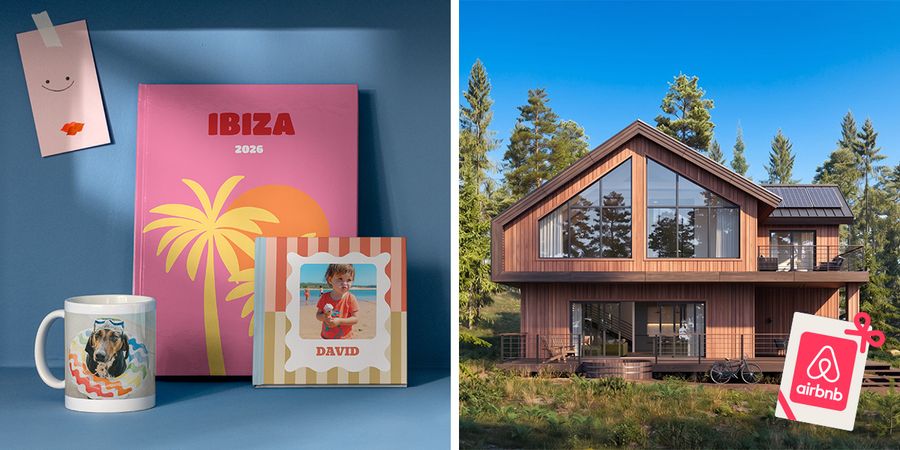 Et utvalg personlige fotoknudsen-produkter, blant annet fotobøker og en kopp, vises ved siden av et vakkert hus og illustrerer premiene i fotoknudsen sin sommerfotokonkurranse, inkludert Airbnb-gavekort.