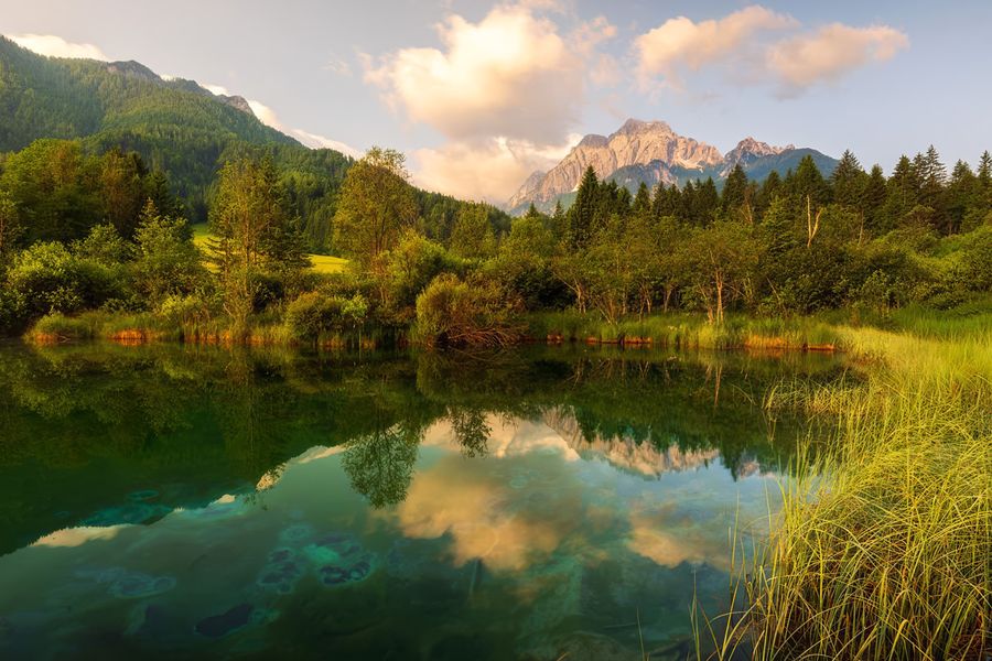 Høye kalksteinstopper og det klare, reflekterende vannet i Bohinjsjøen i Triglav nasjonalpark i Slovenia, en av de beste nasjonalparkene i Europa i fotoknudsen sin guide.