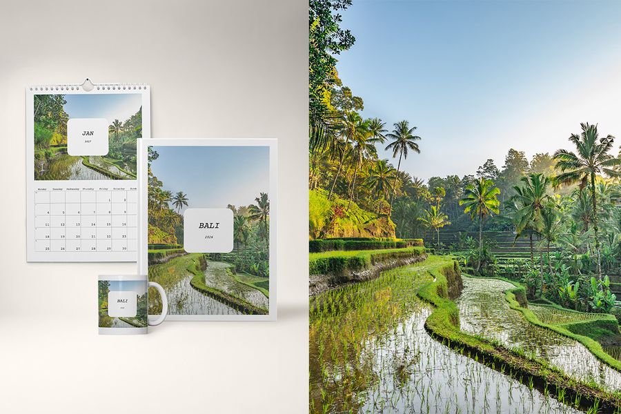En fotobok, kalender og kopp i Full Story-designet fra fotoknudsen, med dristig, lagdelt typografi og redaksjonelle layouter som leser som en reisedagbok.