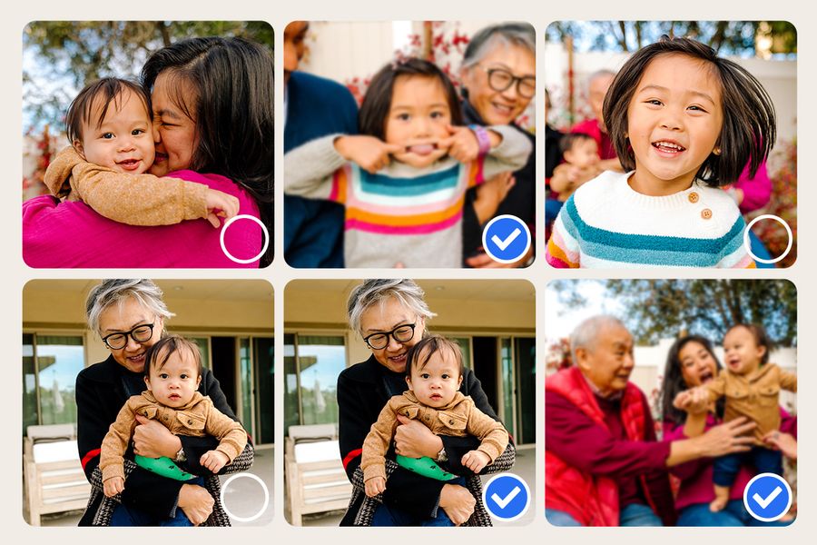 En samling nesten identiske bilder viser flere bilder av samme familie, som illustrerer fotoknudsen sine raskeste triks for å frigjøre lagringsplass ved å rydde bort duplikater.