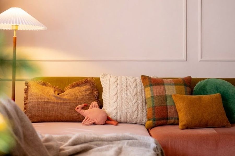 En lun stue med en varm gulvlampe ved siden av en sofa med ulike puter, blant annet en gingham-rutete i oransje toner og en grønn fløyelspute, i høstfarger, som illustrerer fotoknudsen sine tips for å unngå vanlige hygge-feil med myke teksturer og varm belysning.
