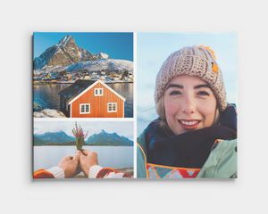 En lerretcollage med to landskapsbilder og et bilde av en smilende person.