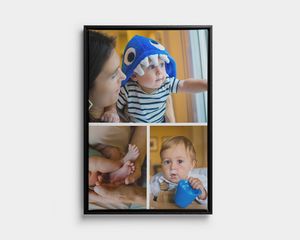 Innrammet collagelelerret med tre bilder av et lite barn