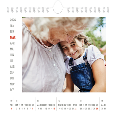 Månedskalender kvadratisk — Uthevet i rødt [Mars]