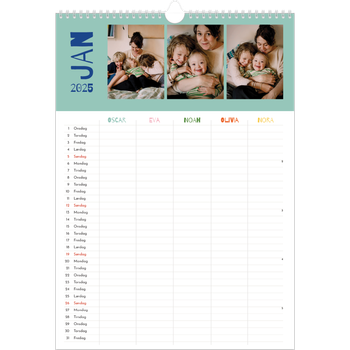 Fotokalender A3 — Fargerik kalender - Familie på 5