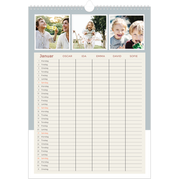Fotokalender A3 — Familieplanlegger i jordfarger - Familie på 5