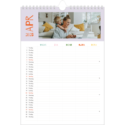 A4 Familieplanleggere — Fargerik kalender - Familie på 5 [April]