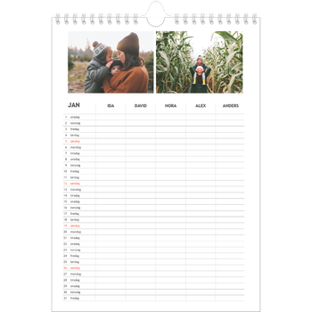 Fotokalender A4 — Enkel planlegger - Familie på 5