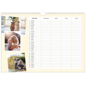 Fotokalender A3 — Moderne planlegger - Familie på 4