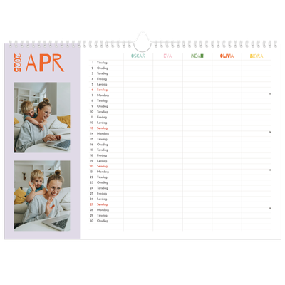 Familiekalender A3 Liggande — Fargerik kalender - Familie på 5 [April]