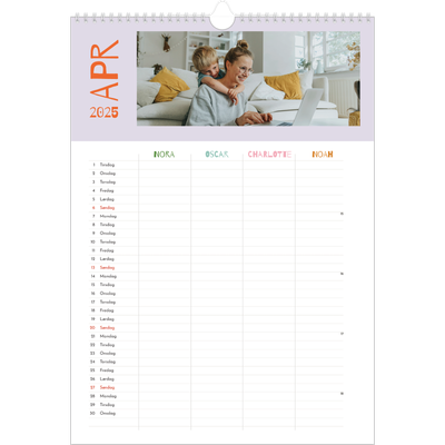A3 Familieplanleggere — Fargerik kalender Familie på 4 [April]