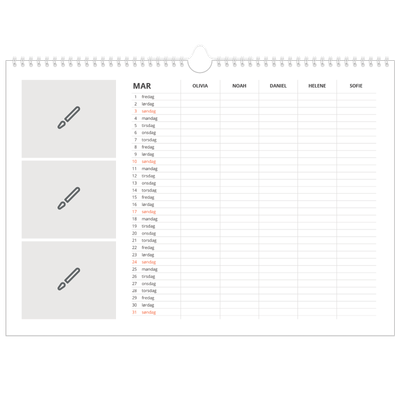 Familiekalender A3 Liggande — Design selv - Familie på 5 [Mars]