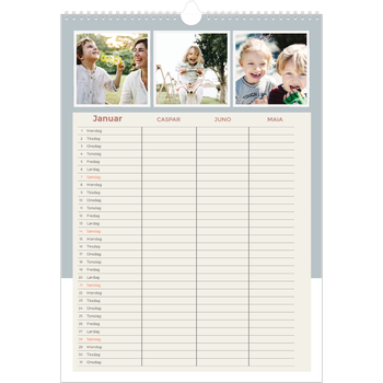 Fotokalender A3 — Familieplanlegger i jordfarger - Familie på 3