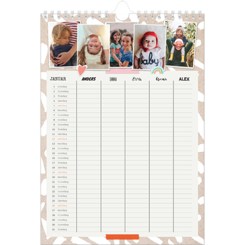 Fotokalender A4 — Rustikk planlegger - Familie på 5