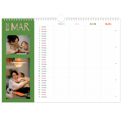 Familiekalender A3 Liggande — Fargerik kalender Familie på 4 [Mars]