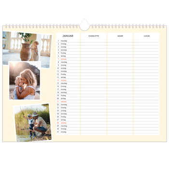 Fotokalender A3 — Moderne planlegger - Familie på 3