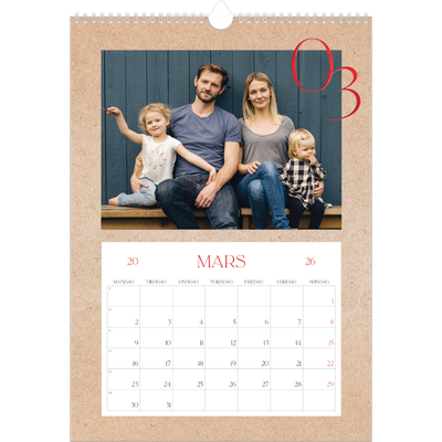 A3 Månedskalender — Røde detaljer [Mars]