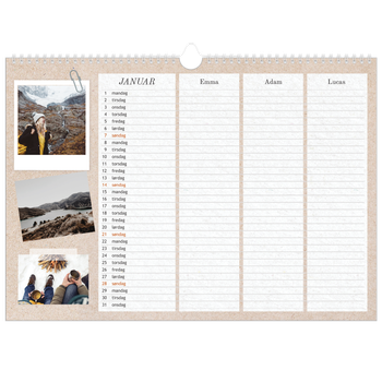 Fotokalender A3 — Naturlig planlegger - Familie på 3