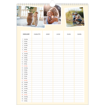 Fotokalender A3 — Moderne planlegger - Familie på 5