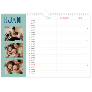 Fotokalender A3 — Fargerik kalender - Familie på 3