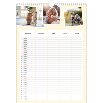 Fotokalender A3 — Moderne planlegger - Familie på 4