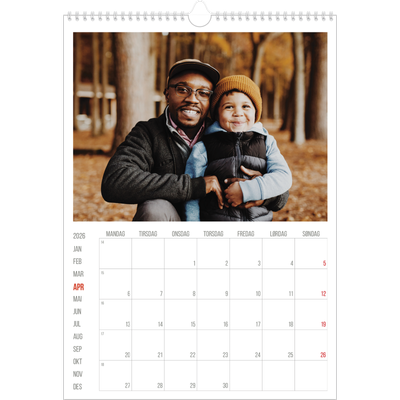 A3 Månedskalender — Uthevet i rødt [April]