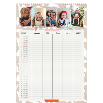 Fotokalender A3 — Rustikk planlegger - Familie på 5