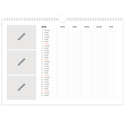 Familiekalender A3 Liggande — Design selv - Familie på 5 [April]