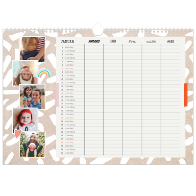 Familiekalender A3 Liggande — Rustikk planlegger - Familie på 5 [Januar]