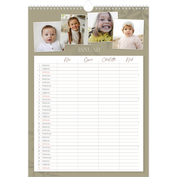 Fotokalender A3 — Jordnært design - Familie på 4