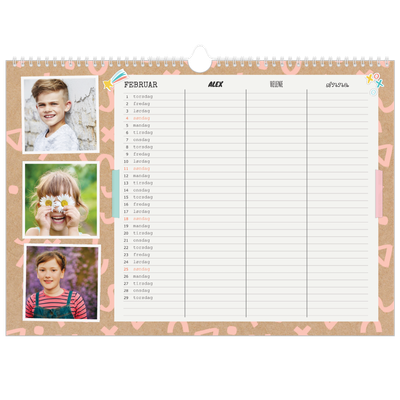 Familiekalender A3 Liggande — Rustikk planlegger - Familie på 3 [Februar]